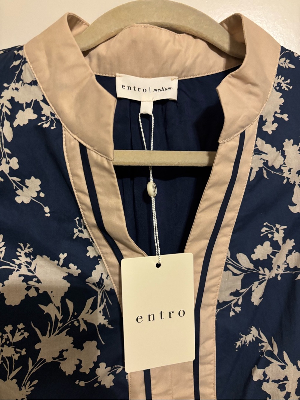 Entro Navy Floral Midi Dress with Cream Contrast Trim